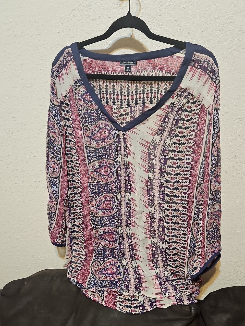 Lucky Brand Navy, Pink and Cream Boho V-Neck Tunic